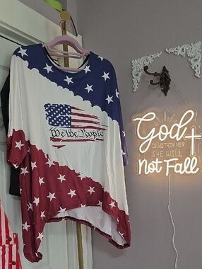 Patriotic 4th Of July Stars & Stripes Tunic Top  Asymetrical Hem- Red White Blue